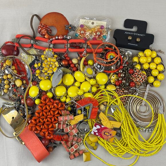 Craft Jewelry Lot - 2.5 lbs Chunky Bright Yellow Orange Beads Flowers Statement - Picture 1 of 12